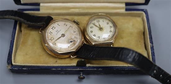 A 9ct gold-cased ladys Omega wristwatch and another 9ct gold-cased watch